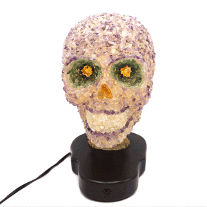 HEAD LAMP CLEAR RESIN SKULL WITH WOOD BASE LAMP