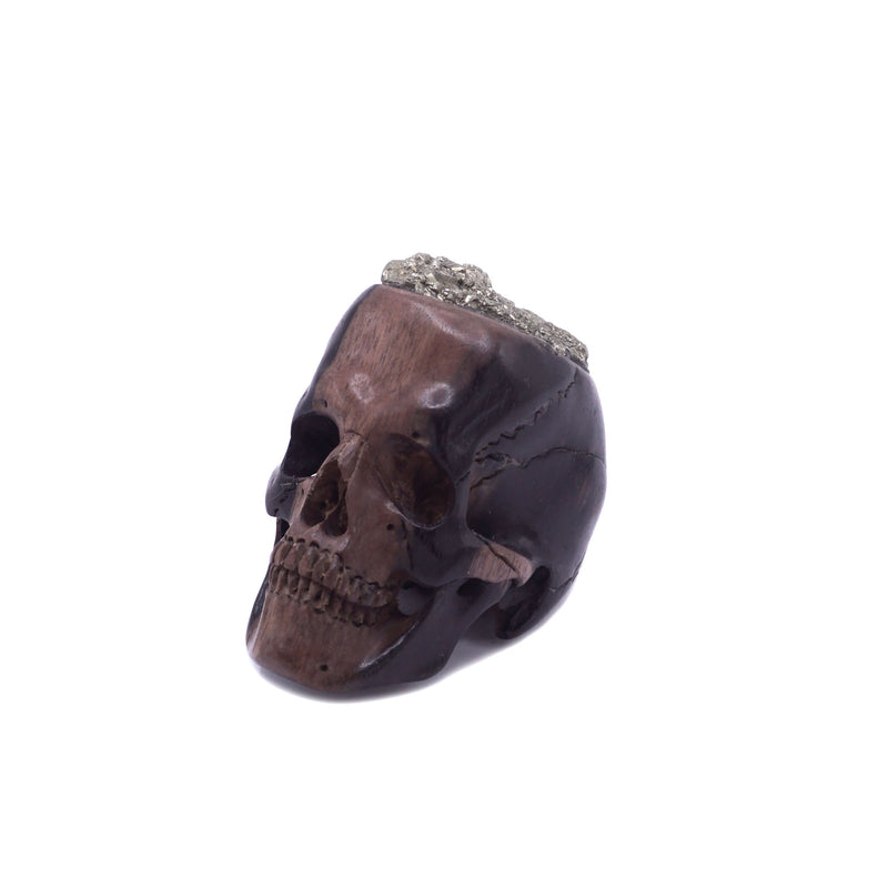 WOOD SKULL WITH PYRITE HEAD - SMALL