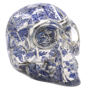 DEAD WHITE AND BLUE POTERY RESIN HAND CARVED SKULL ART DECORATION