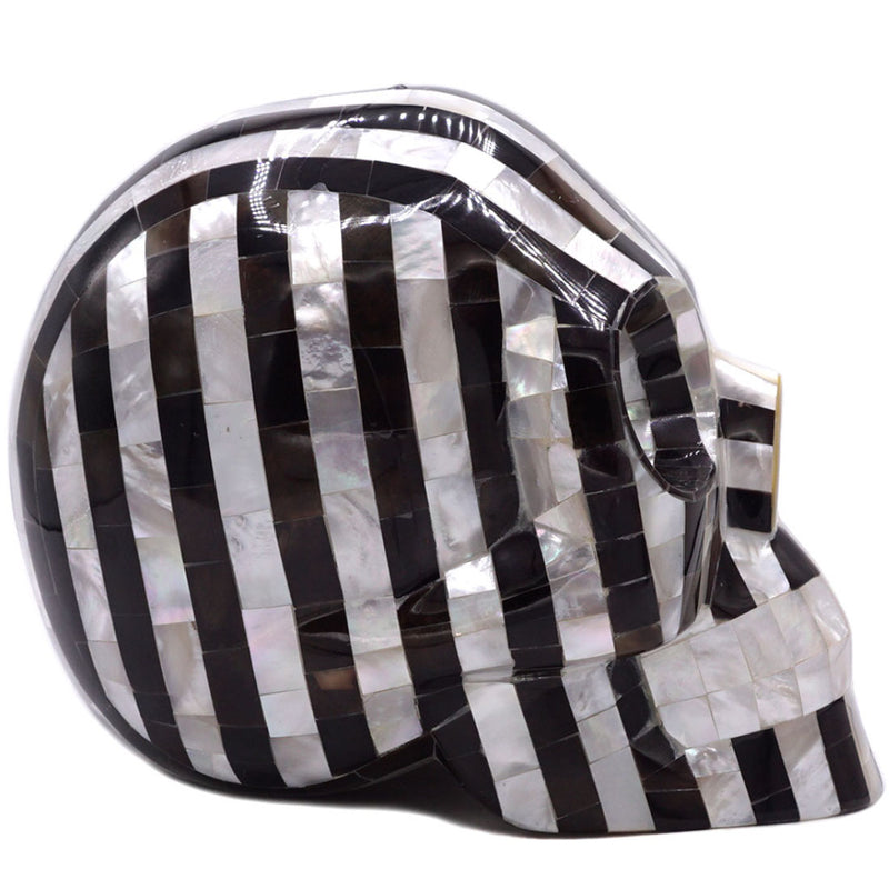 MOTHER OF PEARL MOSAIC SKULL HOME DECORATION BLACK AND WHITE STRIPES ARE IN COLOUR SHELL - LARGE