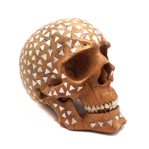 WOOD SKULL WITH MOTHER OF PEARL INLAY
