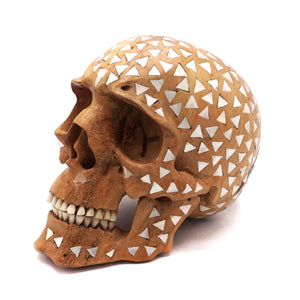 WOOD SKULL WITH MOTHER OF PEARL INLAY