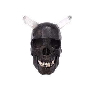 WOOD SKULL WITH CRYSTAL HORNS
