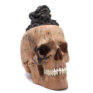 LUCKY FROG - HAND CARVED WOOD SKULL WITH BONE TEETH AND METAL 