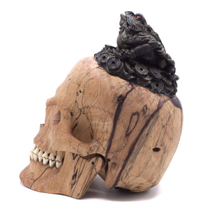 LUCKY FROG - HAND CARVED WOOD SKULL WITH BONE TEETH AND METAL 