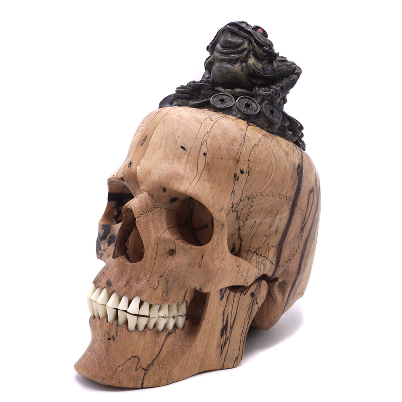 LUCKY FROG - HAND CARVED WOOD SKULL WITH BONE TEETH AND METAL 