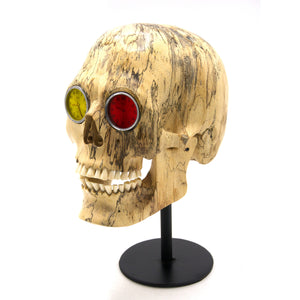 HAND CARVED WOOD WITH WATCH EYES SKULL - LARGE - 'EYE LIKE TWO WATCH'