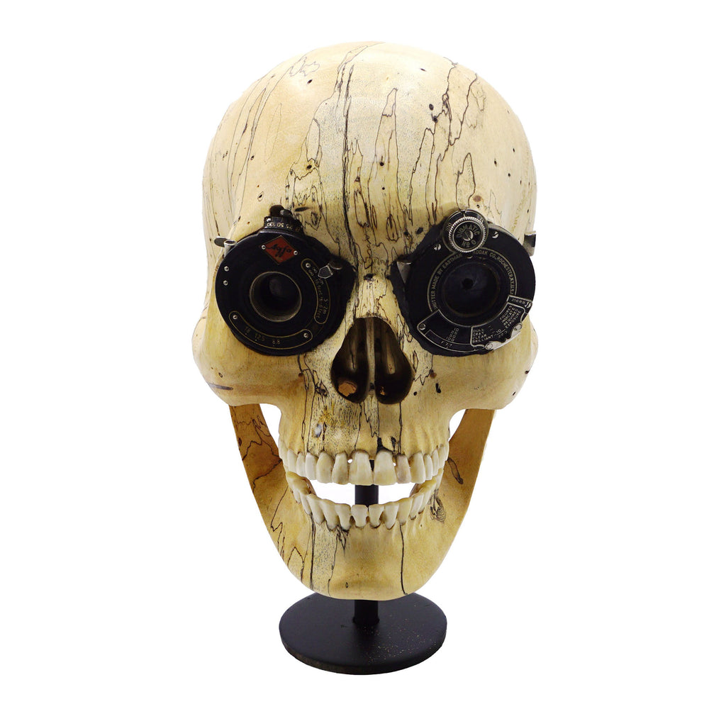 HAND CARVED WOOD SKULL WITH UPCYCLED VINTAGE CAMERA LENS