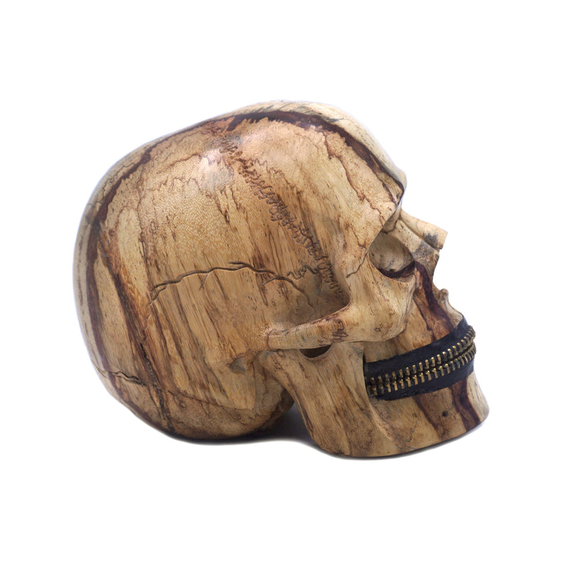 UNZIP IT HAND CARVED WOOD SKULL WITH ZIPPER ART HOME DECORATION