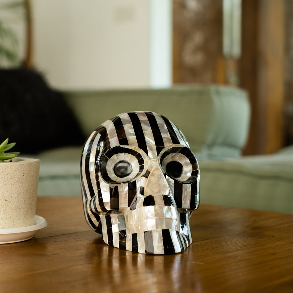 MOTHER OF PEARL MOSAIC SKULL HOME DECORATION BLACK AND WHITE STRIPES ARE IN COLOUR SHELL - LARGE